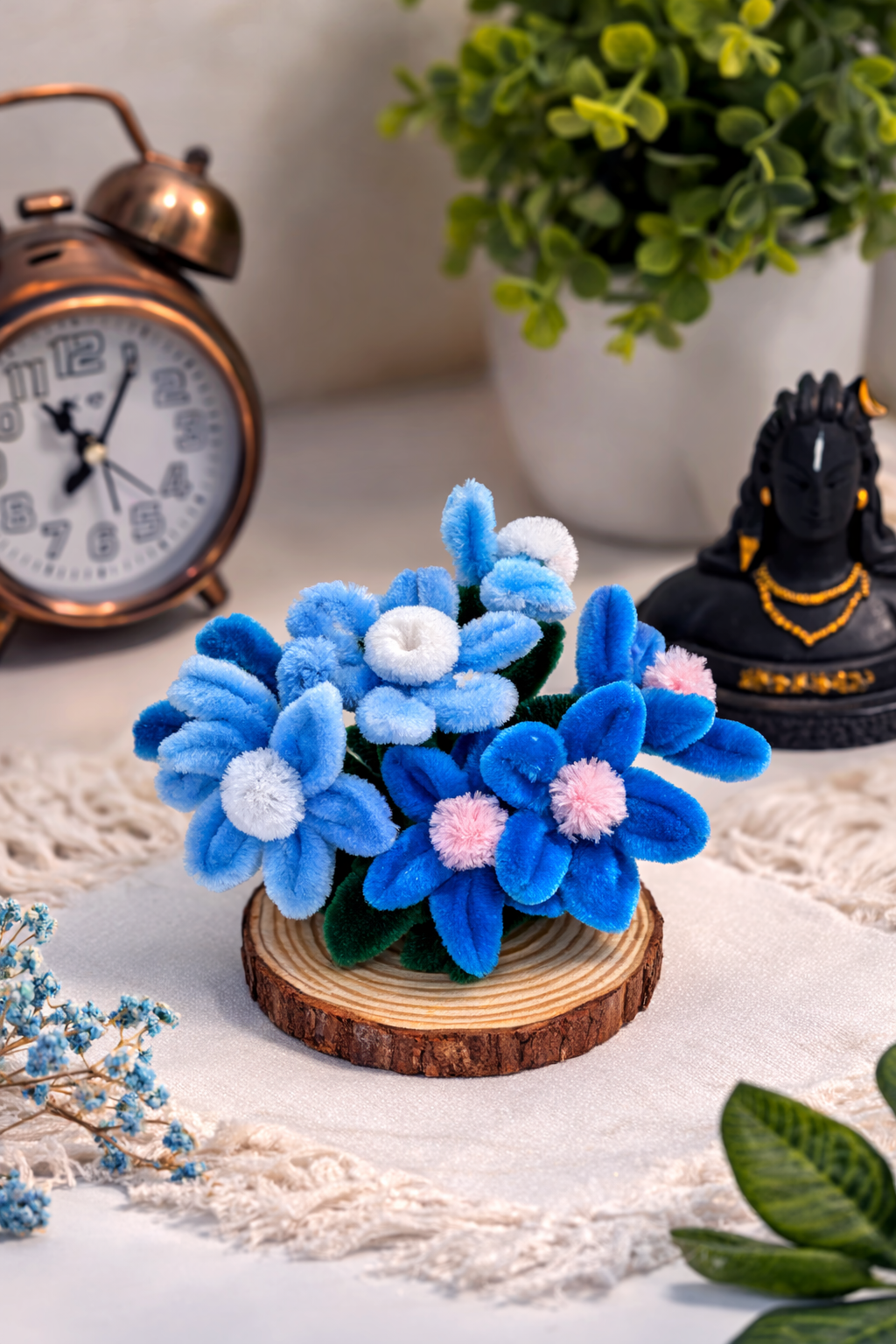 Handmade Blue Floral Mini Décor – Wooden Base | Adorn by Riti