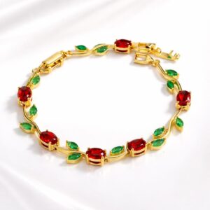 Tulip Red Gemstone Gold Bracelet – Anti-Tarnish Floral Tulip Link Bracelet with Crystal Accents (Copy) (Copy)